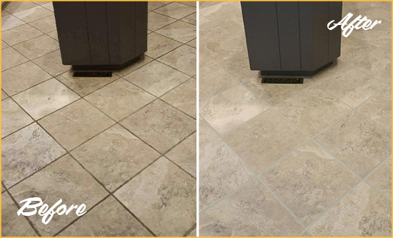 Before and After Picture of a Schley Kitchen Floor Grout Sealed to Remove Stains