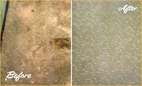 Before and After Picture of a Farrington Mosaic Shower Cleaned to Eliminate Embedded Dirt