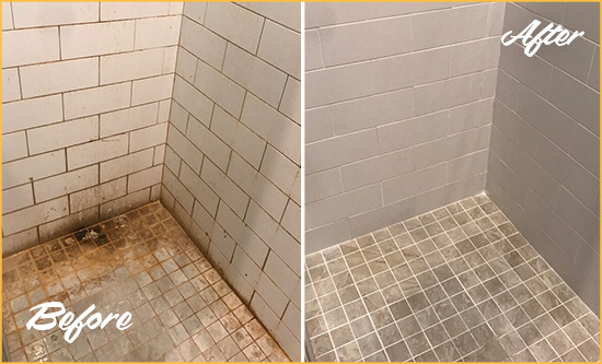 Before and After Picture of a Farrington Ceramic Shower Cleaned to Eliminate Rust Stains
