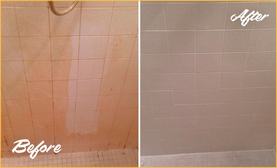 Before and After Picture of a Farrington Porcelaine Shower Cleaned to Remove Soap Scum