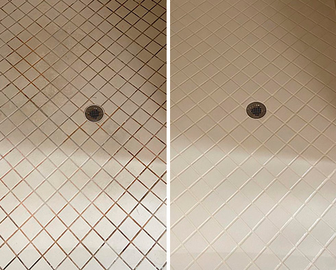 Shower Floor Before and After a Grout Cleaning in Carrboro
