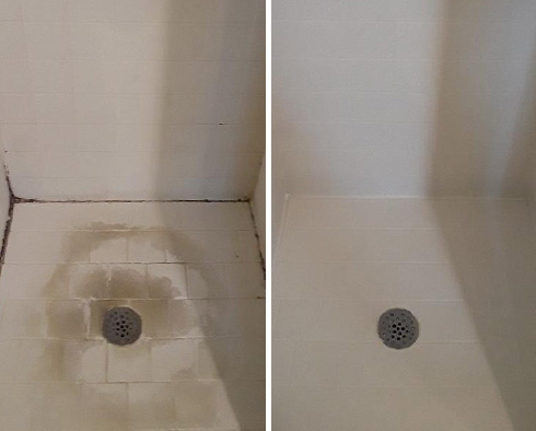 Shower Floor and Walls Before and After a Tile Cleaning in Durham