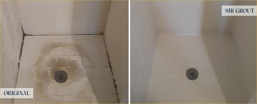 Shower Floor and Walls Before and After a Tile Cleaning in Durham