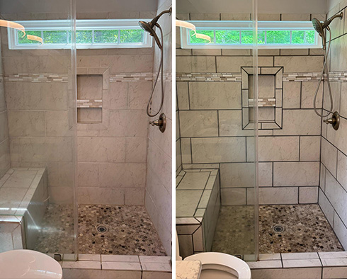 Shower Before and After a Grout Recoloring in Durham, NC