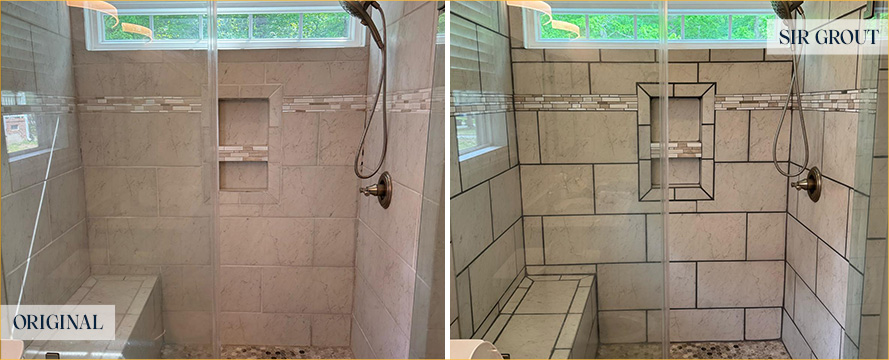 Shower Before and After a Superb Grout Recoloring in Durham, NC