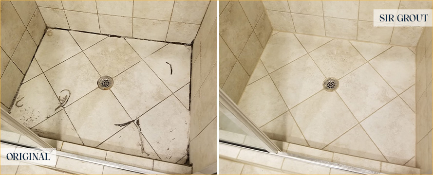 Shower Before and After a Flawless Grout Cleaning in Chapel Hill, NC