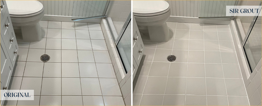 Bathroom Floor Before and After a Grout Cleaning in Greensboro, NC