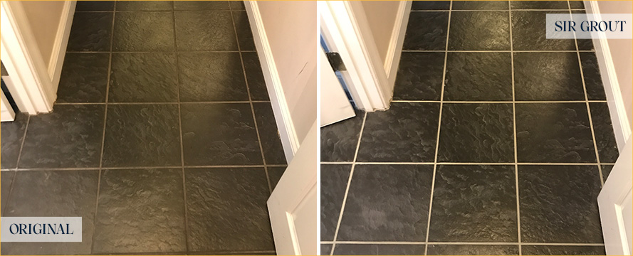 Floor Before and After an Excellent Grout Recoloring in Burlington, NC 