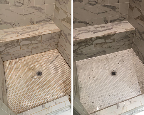 Shower Before and After a Tile Cleaning in Durham, NC 