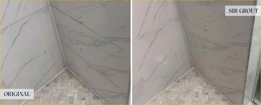 Shower Before and After an Excellent Grout Sealing in Chapel Hill, NC