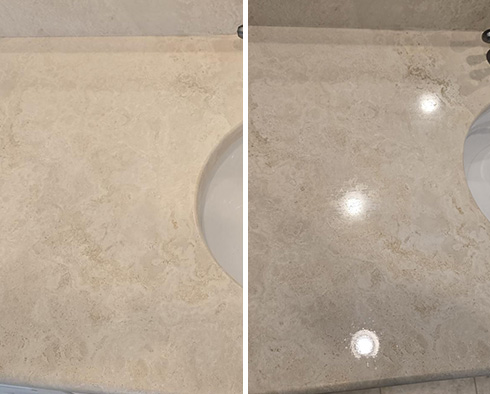 Vanity Top Before and After a Stone Polishing in Pittsboro, NC